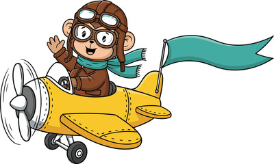 Cartoon monkey pilot waving from a yellow airplane with a blue flag flying © Shakila