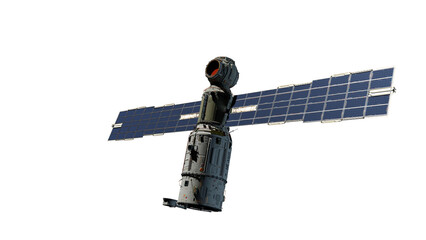 Scientific space station with solar panels in orbit.