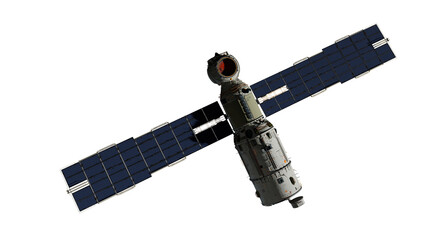 Scientific space station with solar panels in orbit.