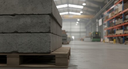 Grey concrete blocks stacked on a wooden pallet, showcasing textured surfaces. Blurry industrial warehouse with production and storage elements.