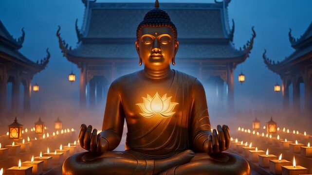 Serene Buddha Statue in Meditation Pose Illuminated with Lotus Symbol at Night in Traditional Temple Setting
