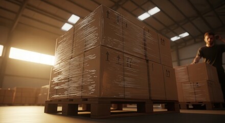 Stacked shrink-wrapped boxes on a wooden pallet, a blurred worker moves packages in a warehouse. Modern logistics and global distribution.