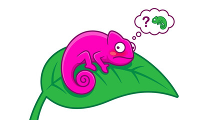 Cute Pink Chameleon Character Thinking About a Green Caterpillar.