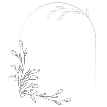 Natural vintage arch for greetings, background, flower wreath, elegant monogram with hand-drawn leaves, grass, natural elements