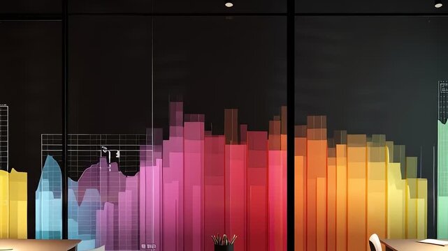 A colorful graphic display on a wall with a black background, featuring a vibrant bar chart in shades of pink, orange, and yellow.