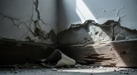 Damaged wall with peeling paint, crumbling plaster, and exposed wooden baseboard. Concept of decay, neglect, and abandonment.