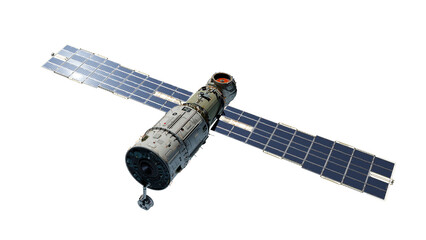 Scientific space station with solar panels in orbit.