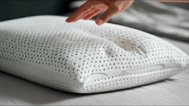 Hand gently pressing down on a textured memory foam pillow on a soft bedding surface, creating an impression while showcasing a serene bedroom