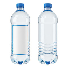 Naklejka premium Two clear plastic water bottles with blue caps isolated on transparent background