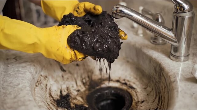 A person in yellow gloves holds a thick, dark sludge above a dirty sink drain, emphasizing a challenging cleanup task