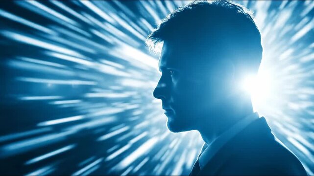 Silhouette of a man in formal attire against a blue motion blurred background, conveying contemplation and focus