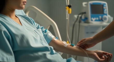 Patient in hospital bed receiving IV drip as medical professional adjusts line. Concept of healthcare, illness, and recovery.