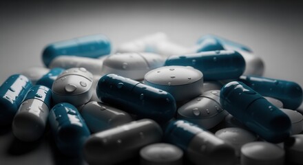Blue and white medical pills and capsules are scattered, covered in glistening water droplets. Dramatic lighting enhances concepts of health, medicine, and wellness.