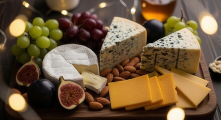 Gourmet cheese board featuring blue, brie, cheddar, fresh grapes, figs, and almonds. Elegant and festive food arrangement.