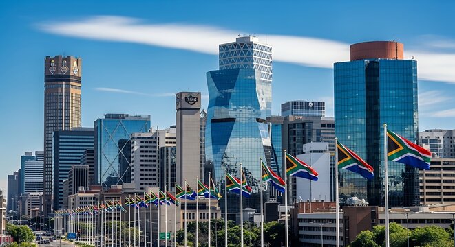 South African City Skyline with Flags.