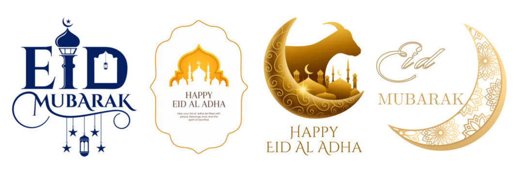 Eid Mubarak and Eid al-Adha vector collection. Includes four distinct designs with mosques, lanterns, crescent moons, and a goat silhouette. Created in flat and textured styles with blue, gold