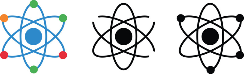 Colorful and monochrome atomic model icons showing nucleus with orbiting electrons, educational physics symbols for science, chemistry, and learning. © Sagor Creatives