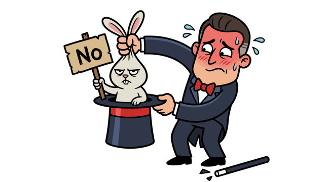 Frustrated magician pulling a reluctant rabbit holding a No sign from a top hat.