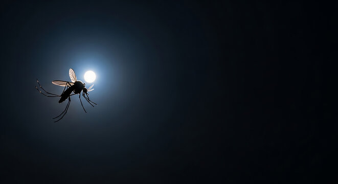 silhouette of mosquito in moonlit night on dark blue background large empty space for headline concept health risk detailed insect outline concept pest control  