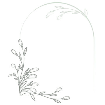 Natural vintage arch for greetings, background, flower wreath, elegant monogram with hand-drawn leaves, grass, natural elements