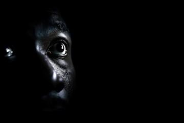 Intense gaze captured in darkness, revealing emotions of uncerta