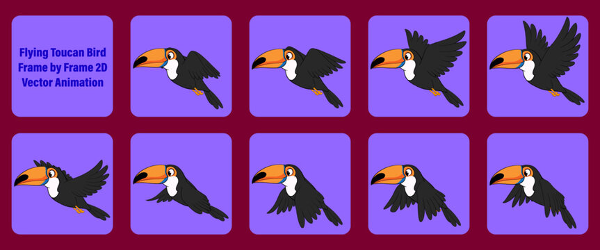 Flying Toucan Bird Frame by Frame 2D Vector Animation Sprite Sheet for Game and Motion Graphics