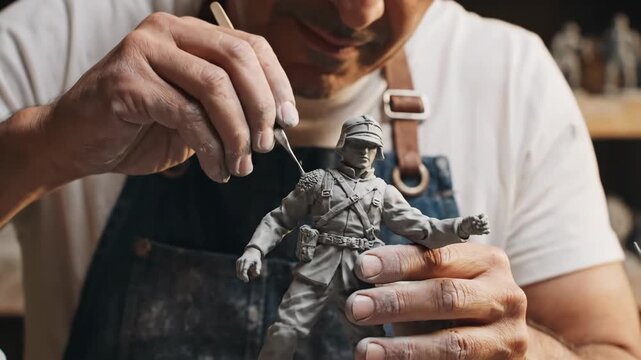 Skilled artisan meticulously crafts miniature soldier figure with precision tools.