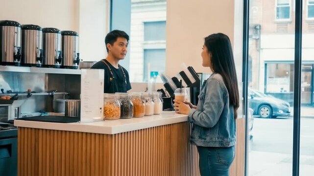 Woman ordering a drink at a modern cafe counter from a barista, urban lifestyle, casual interaction, coffee culture, everyday service