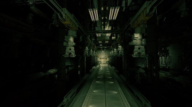 Lonely maintenance tunnel lit by green panels, autonomous inspection drone hovering near piping and control panels, atmosphere of solitary work and mechanical