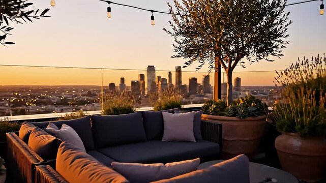 Modern rooftop terrace corner with modular sofa potted plants sunset glow