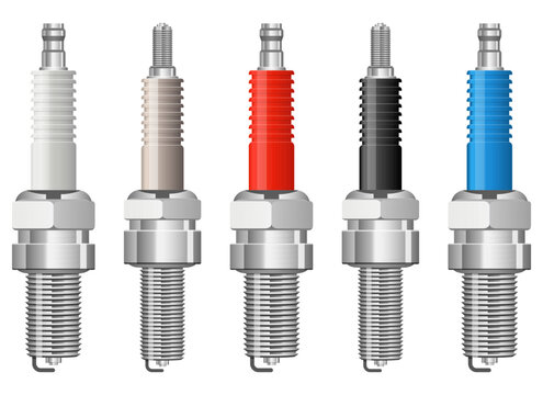 Array of colorful spark plugs for internal combustion engine repair services