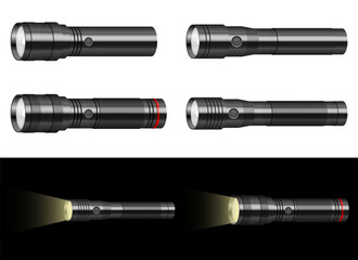 Four flashlight illustrations, two emitting light, against white and black