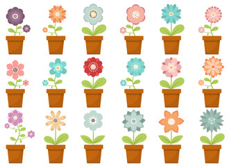 Fototapeta premium Colorful flowerpot collection displayed in a garden illustration backdrop.