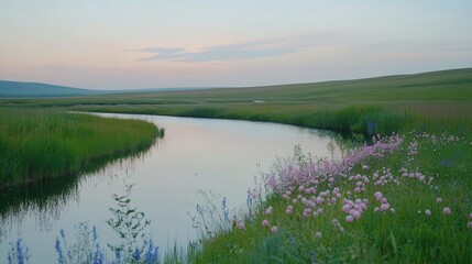 Obraz premium Serene river landscape with pink flowers and rolling green hills under pastel sky