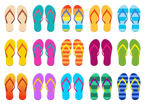 Colorful assorted flip-flops pairs arranged in neat rows on white backdrop.