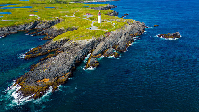 Aerial view of Cape Race Lighthouse at Mistaken Point UNESCO site, Newfoundland