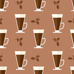 Coffee drink Latte glasses pattern, warm brown coffee background with tall glasses and coffee beans. Coffee time.