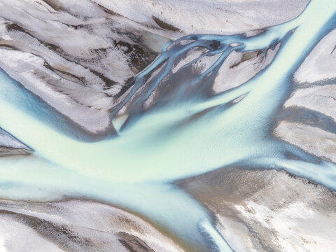 Aerial abstract of Iceland's braided Jokulsa i Loni glacial river system