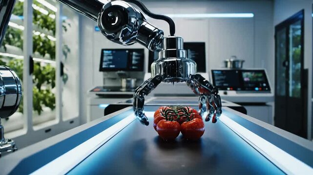 Robotic fingers transferring harvested crops into smart kitchen workflow