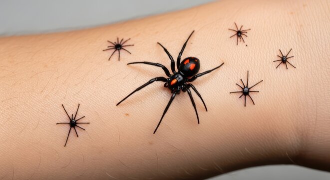 Detailed shot of a black widow spider crawling on human skin creating a spooky atmosphere