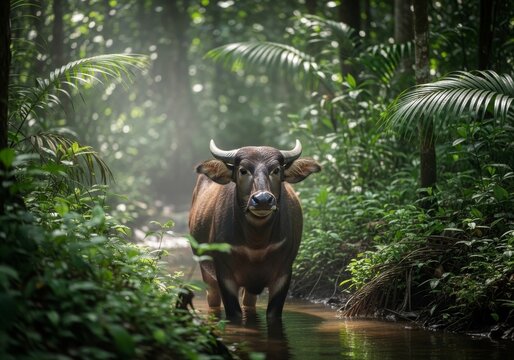 Anoa, the rare dwarf buffalo native to Sulawesi, Indonesia, standing in tropical rainforest habitat. Endangered wildlife species captured in natural environment with soft jungle lighting and realistic