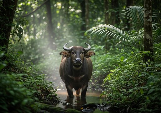 Anoa, the rare dwarf buffalo native to Sulawesi, Indonesia, standing in tropical rainforest habitat. Endangered wildlife species captured in natural environment with soft jungle lighting and realistic