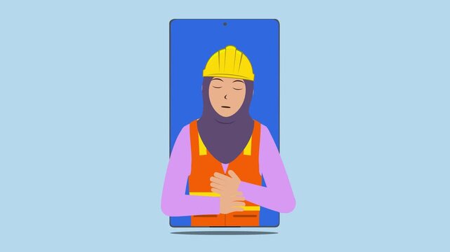 Smartphone With Muslim Female Construction Worker Animation Video 4K suitable for your project needs