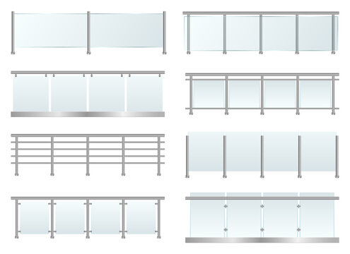 Different styles of railing for a balcony, stairs, or other architectural feature