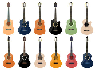 Naklejka premium A vibrant collection of acoustic guitars in various colors and designs.