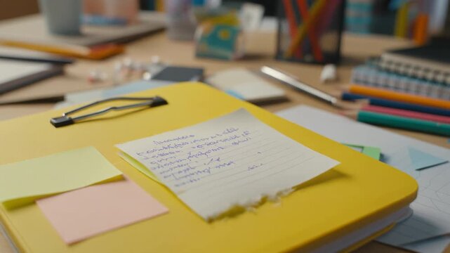A messy desk with a yellow tray holding colorful sticky notes and a notepad with handwritten notes, surrounded by office supplies, books, and blurred background items