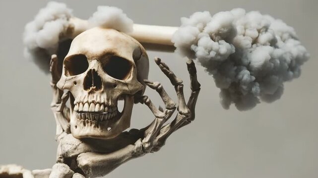 Skeletal hand gripping skull while clouds form in the background