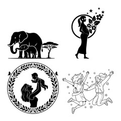 Motherhood silhouette bundle with elephant calf and pregnancy icons