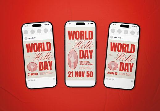 Red Beige Bold Minimalism World Hello Day Social Media