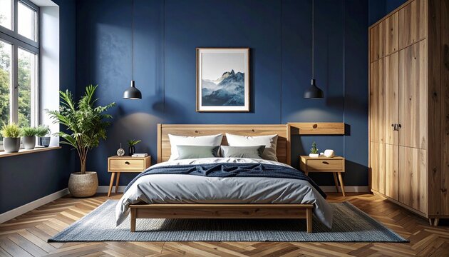 Modern Scandinavian interior of bedroom with wood bed and bedside table on dark blue wall